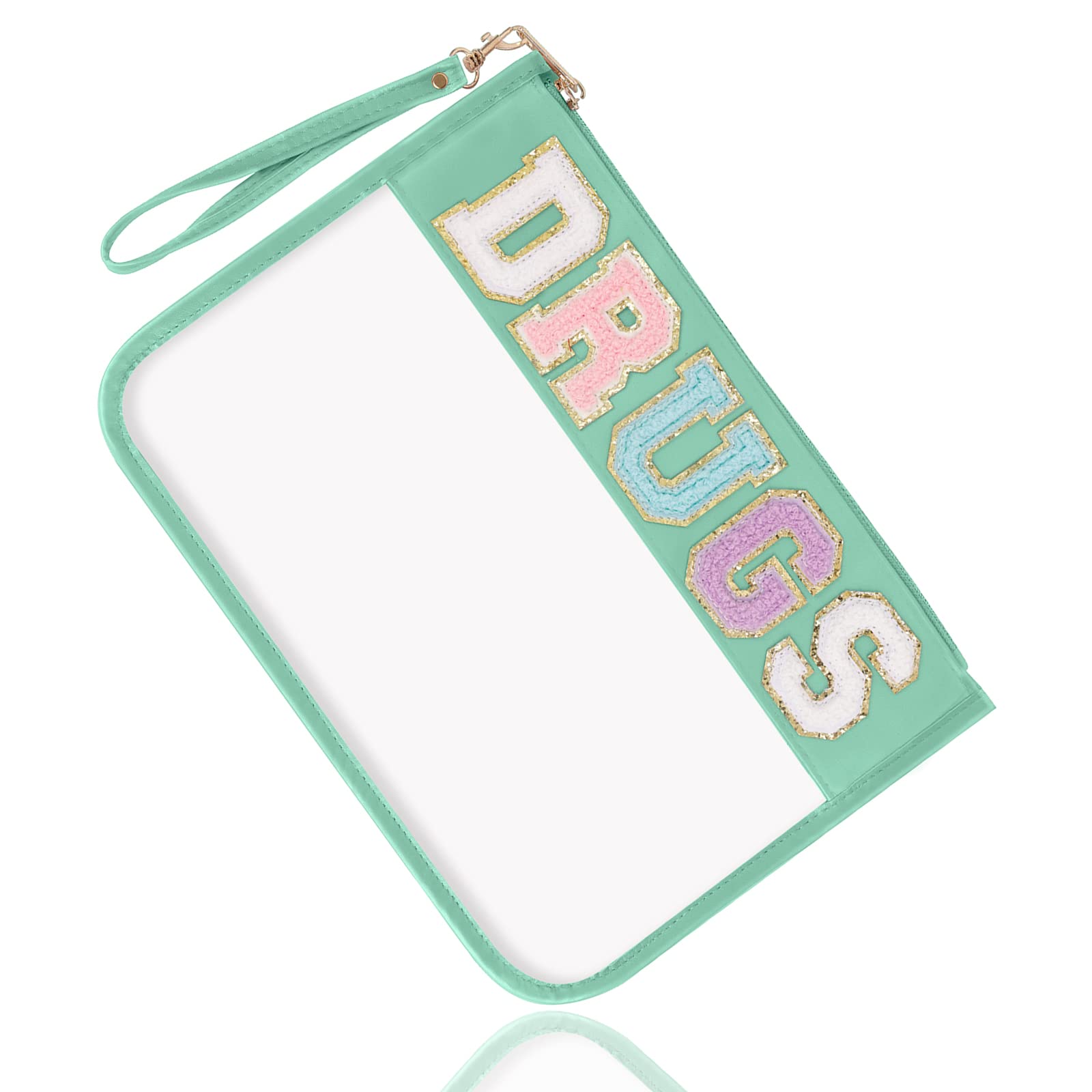 Chenille Letter Clear Bag Drugs Purse, Monogram PVC & PU Clear Zipper Pouch with Wristlet, Waterproof Portable Glitter Snacks Makeup Beach Toiletry