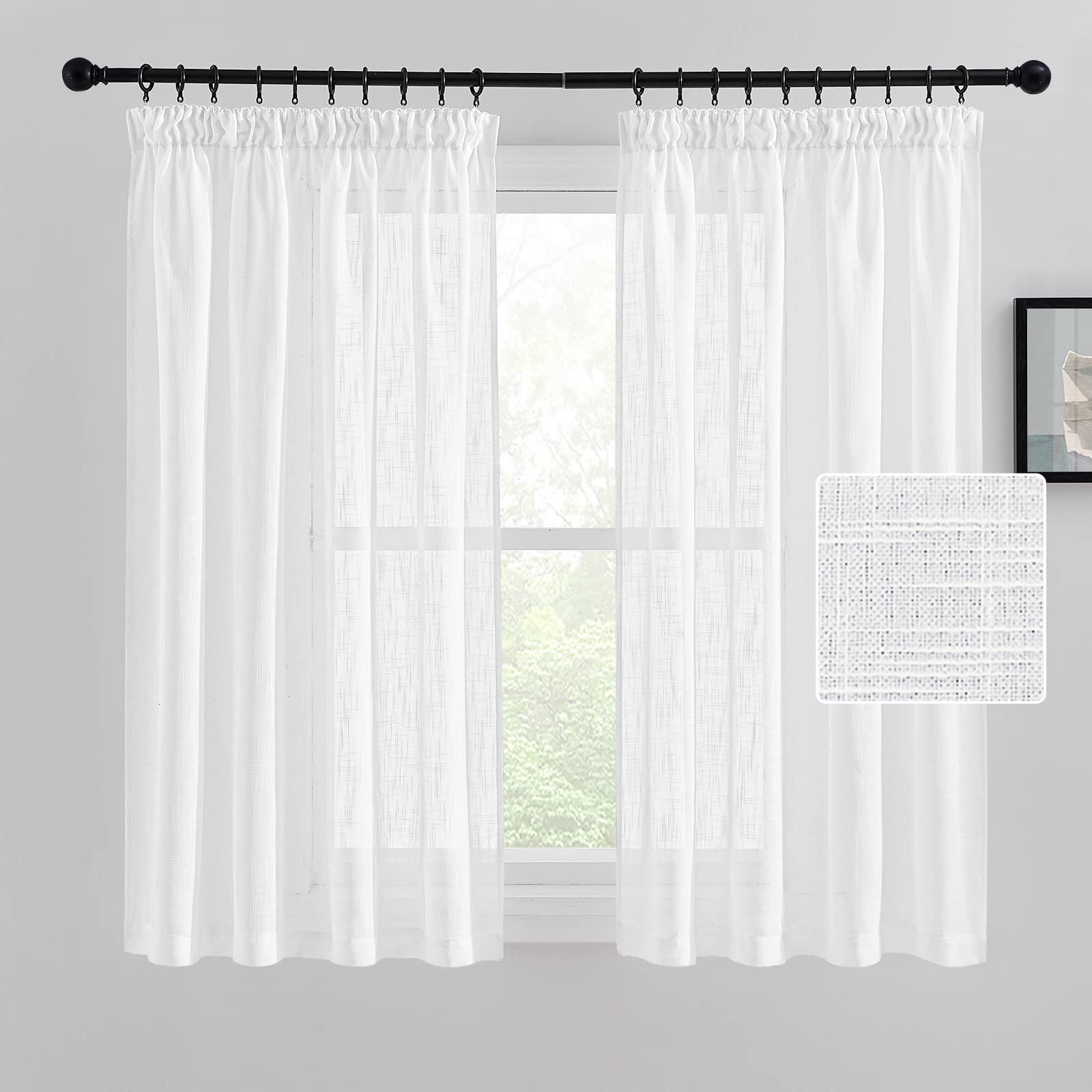 PONY DANCE Visillos Cortos para Ventanas Cortinas Blancas Dormitorio 2 Piezas Cortinas Translucidas con Aspecto de Lino Cortinas para Riel con Ganchos, 140x145CM, Blanco