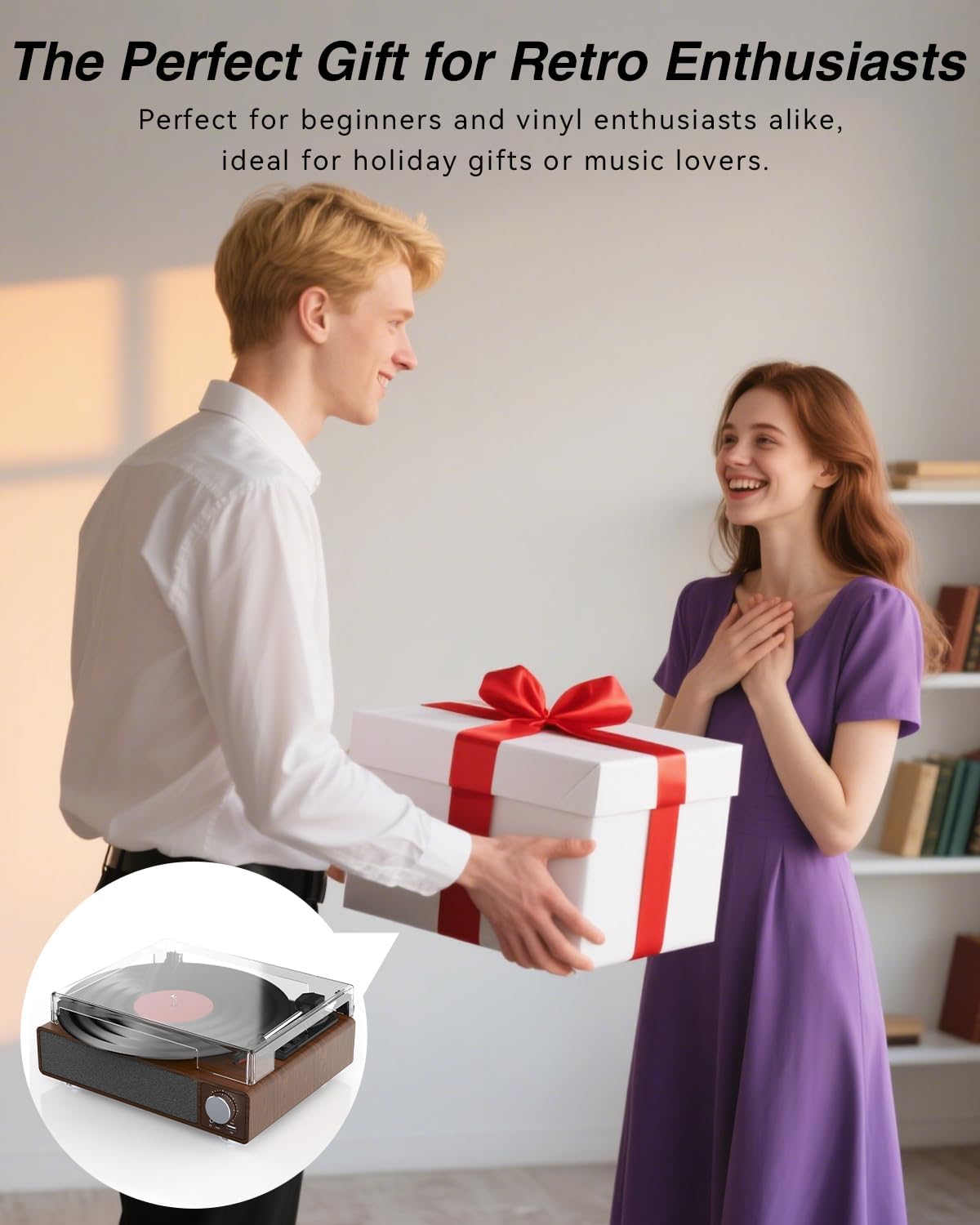 Vinyl Record Player with Speakers,MONODEAL 3-Speed Turntable for Vinyl Records with Bluetooth Transmitter,Auto Stop,RCA Output/USB/Headphone Jacks,Vintage Record Player Wooden Design Brown