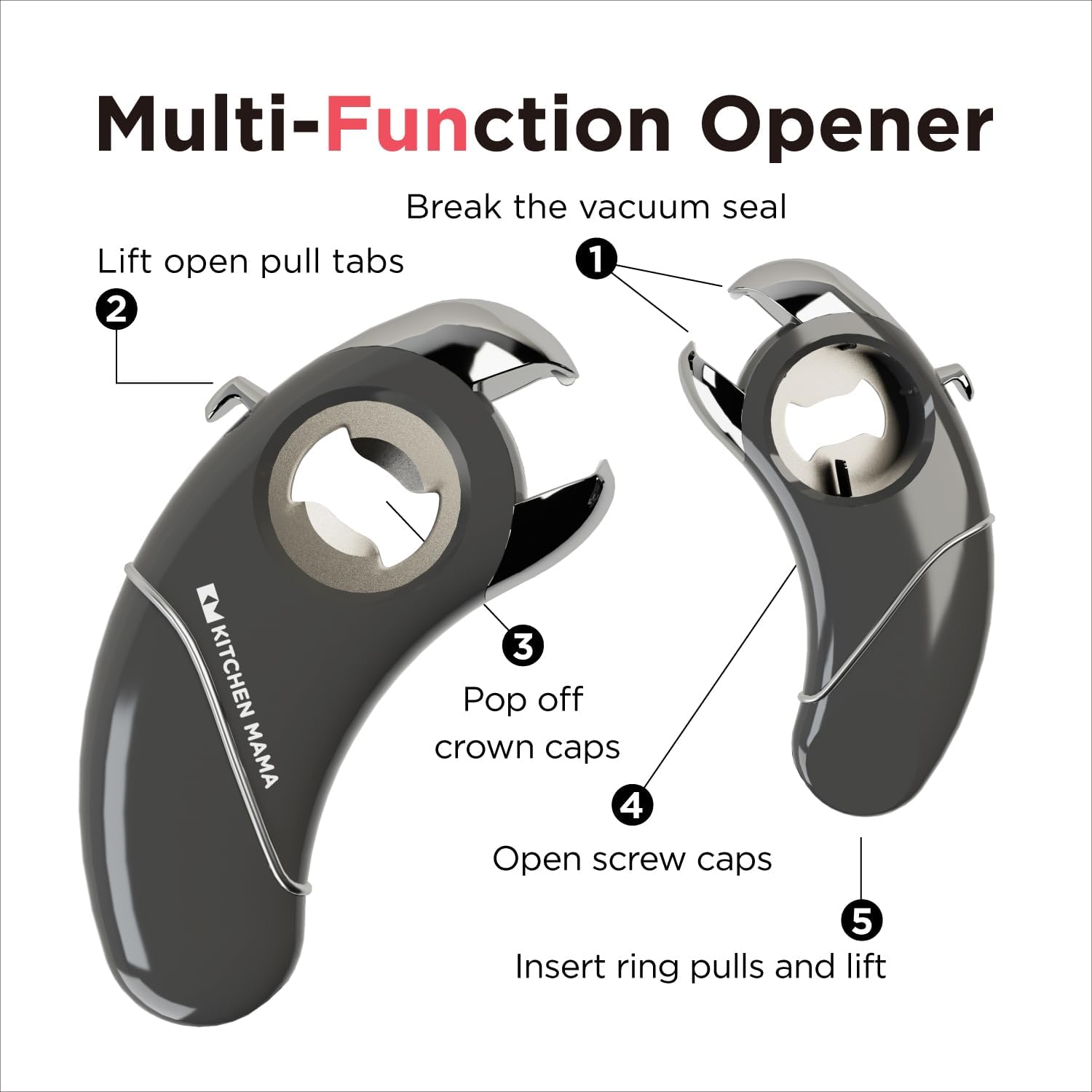 Kitchen Mama Epic One Multifunction Opener: A Pick Opener- Magnetic Bottle Opener, Beer & Soda Can Opener, Pull Tab & Jar Opener for Weak Hands and Arthritis (Red) (Metal Gray)