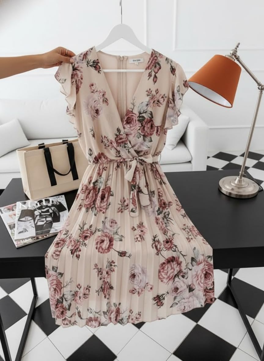 Abito estivo da donna con stampa floreale, scollo a V, gonna a pieghe, maniche a balze, abito avvolgente a trapezio, stile bohémien, abito da cocktail con cintura