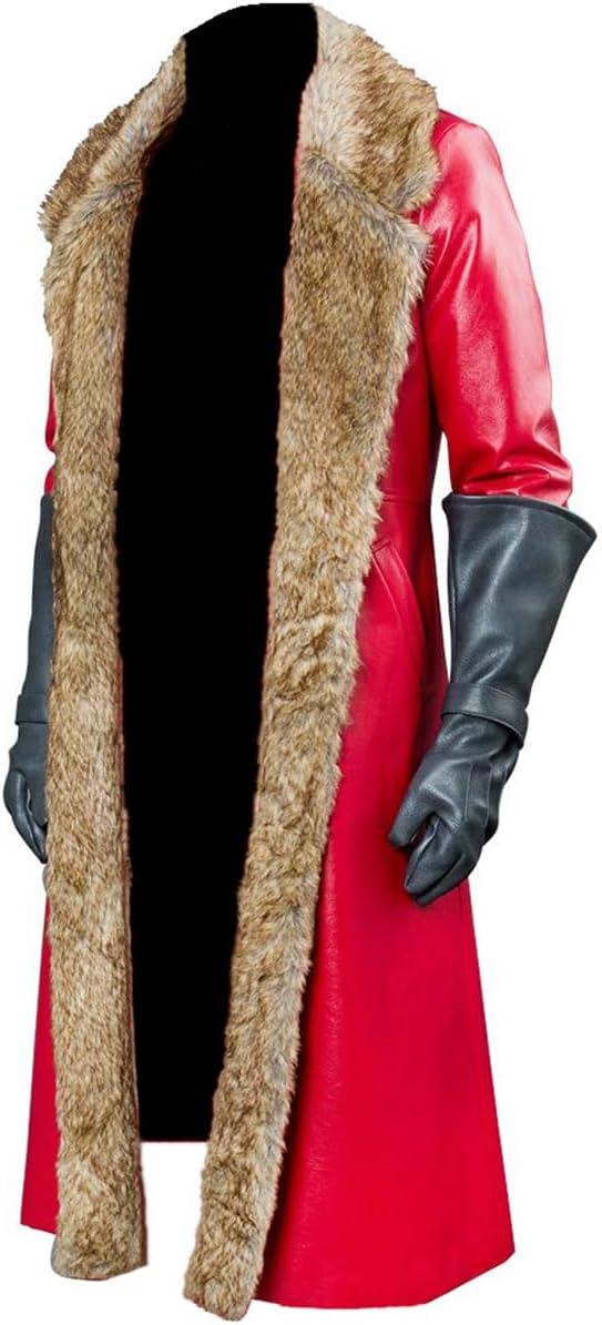 Men's Santa Claus Faux Leather Long Coat - Red, Classic Trench Coat - Medium, Large - All Seasons