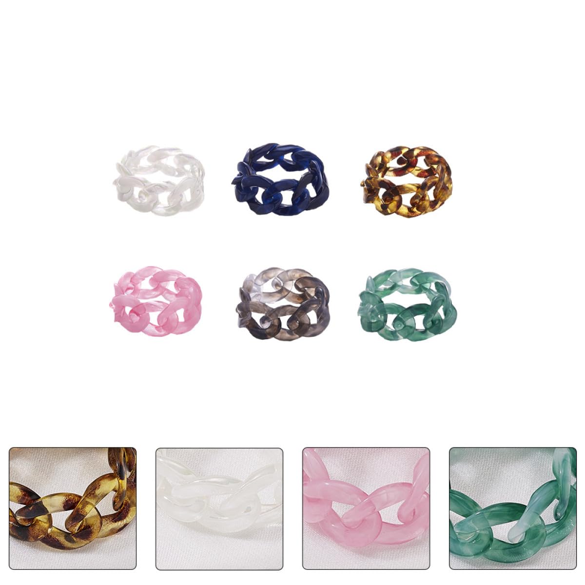 Cabilock Bague Chaine en Résine Créative Forme Chaîne, Pack de 6 Pièces, Bague de Main Unique pour Décoration Quotidienne et Accessoires Bijoux Artisanaux Couleur Aléatoire