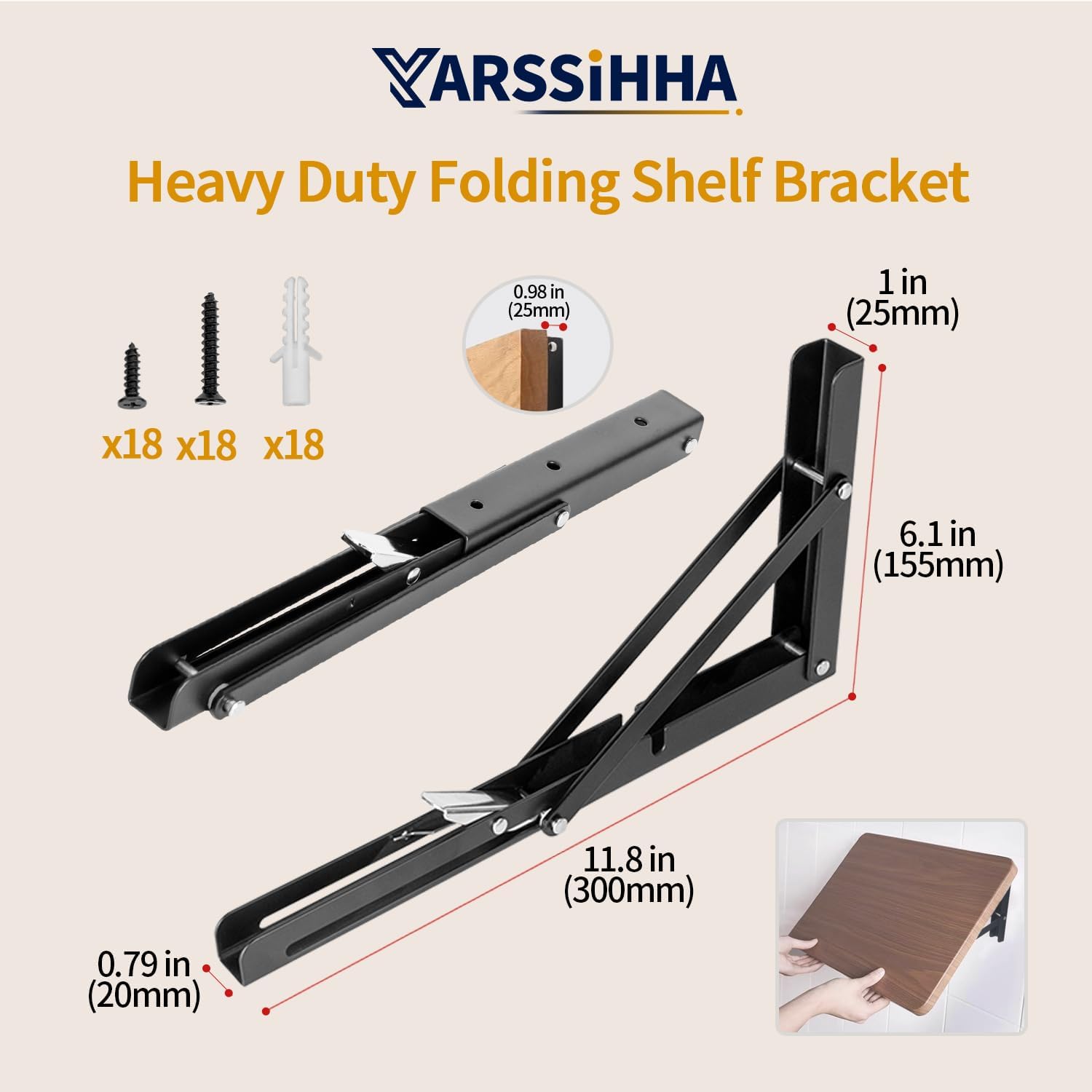 Yarssihha 12 Inch Folding Shelf Bracket, 6 Pack Heavy Duty Wall Mounted Foldable Brackets, Space-Saving Metal Collapsible Shelf Brackets, Max Load:180lbs