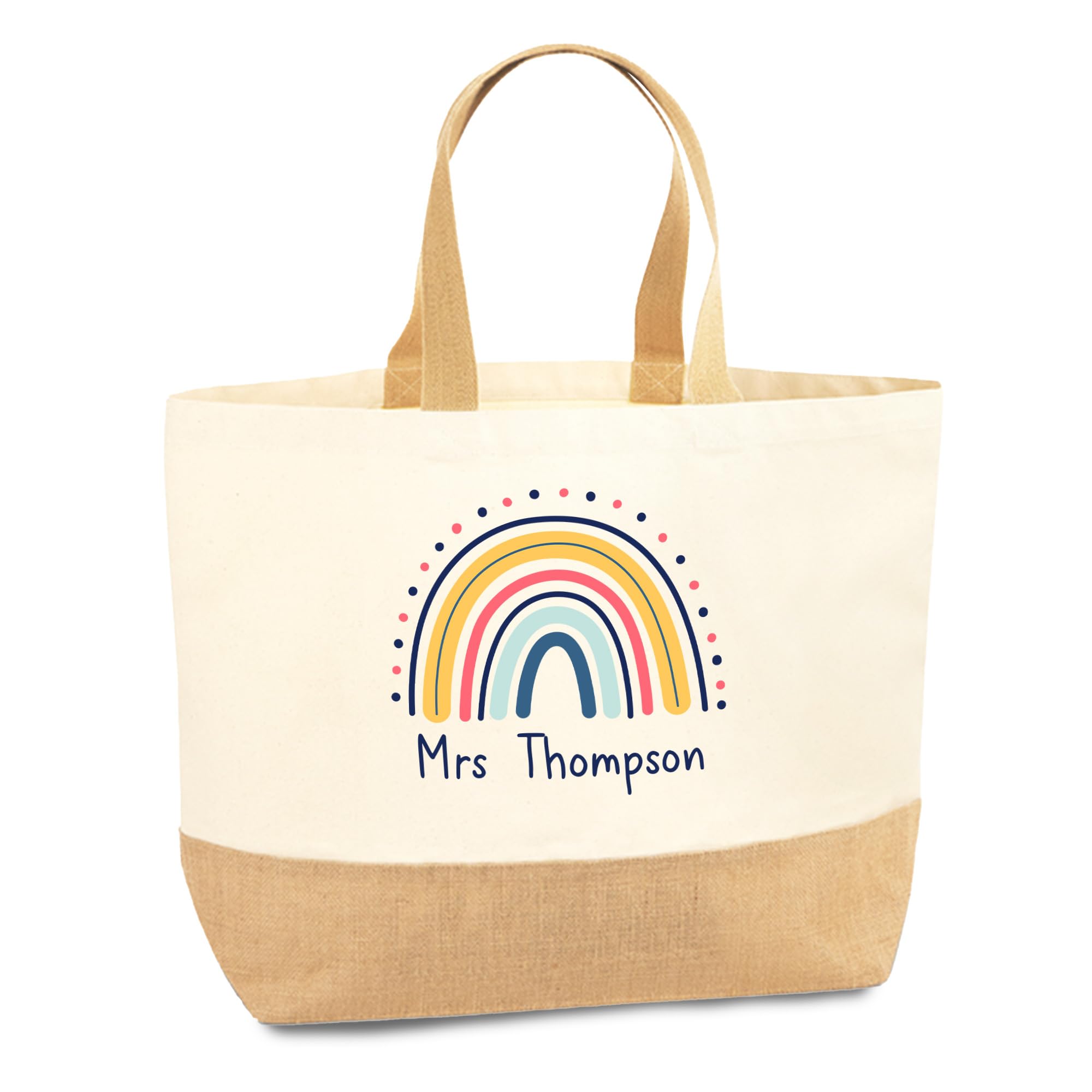 Print Maniacs Personalised Teacher Gift Bag Custom Rainbow Name Tote For Teaching Assistant Nursery Teacher School Staff Gift End Of Term Thank You Present Reusable Canvas Jute Shopping Bag — image 1