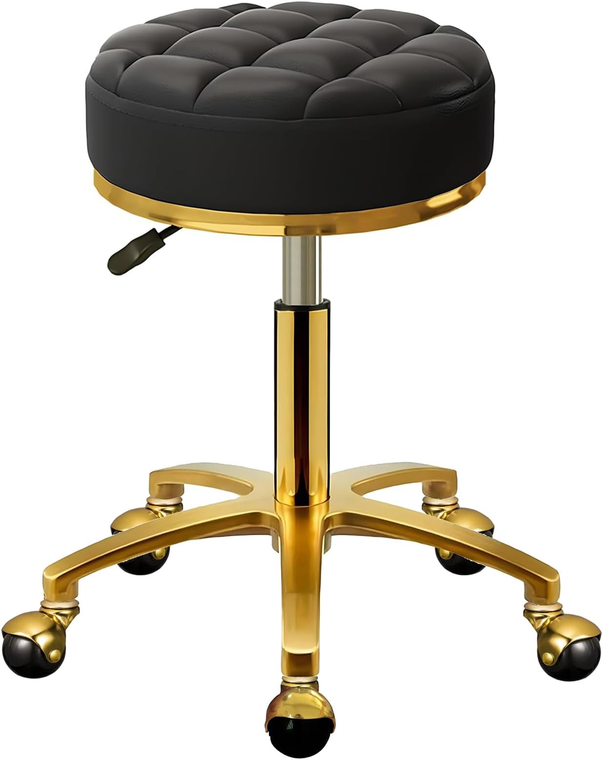 Rolling Stool Gold Vanity Stool with Wheels, Pedicure Massage Roller Stools, PU Leather Round Swivel Salon Spa Chair, Titanium Gold Base, Height Adjustable 43-55 cm (Black)