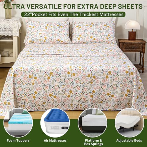 Image of Bedlifes Extra Deep Pocket 18-24 inch Queen 4-Piece Sheet Set - Cooling Sheets Blend Rayon Derived from Bamboo Soft & Breathable,Featuring Floral