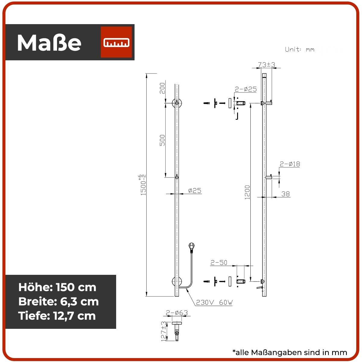 Belvit elektrischer Handtuchtrockner einzeln, Handtuchwärmer elektrisch mit 2 Heizstufen 45/60 °C, Timer 45/90 Min., 60 W, Aluminium, 2 Haken, Wandmontage mit Stecker – Grau Gebürstet