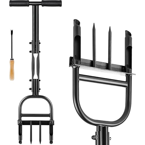 Lawn Aerator Coring Tool, Manual Plug Core Aerators with Cleaning Stick, 2 Half-Open Hollow Slot Tines and 2 Spike Heavy Duty Grass Aeration Tool for Soils Yard Garden