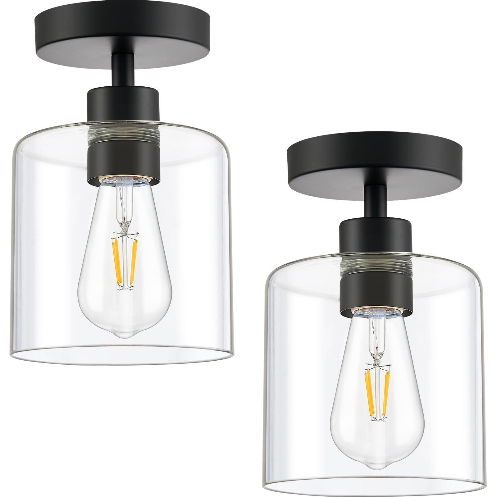WOKNOS Industrial 2 Pack Clear Glass Semi Flush Mount Ceiling Lights,E27 Black Metal Base Ceiling Lamp,Light Fittings Ceilings for Kitchen,Hallway,Bedroom,Living Room,Landing,Porch