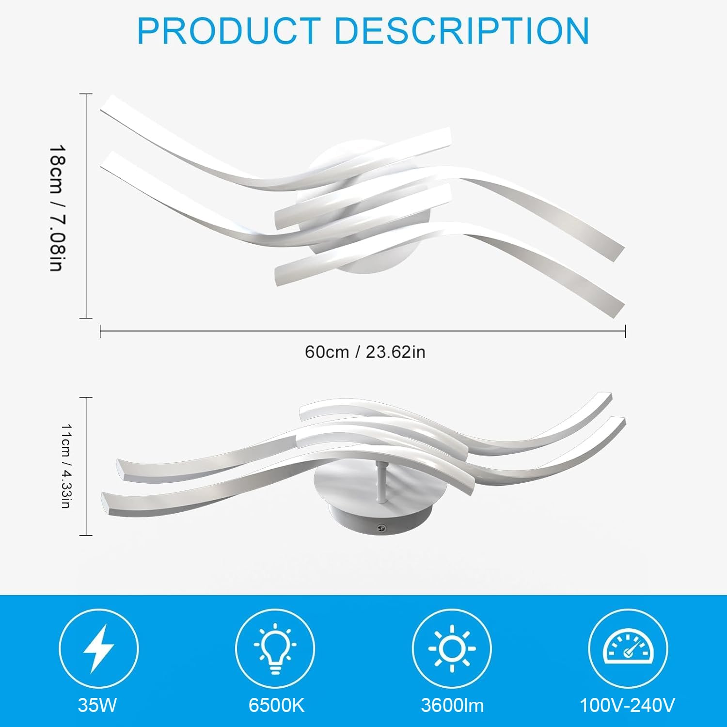 Comely Nowoczesny Plafon LED, 32W 3600LM 60cm Lampa Sufitowa, Biała Aluminiowa Oprawa Sufitowa Do Sypialni, Salonu, Korytarza, Zimna Biała Biel 6500K