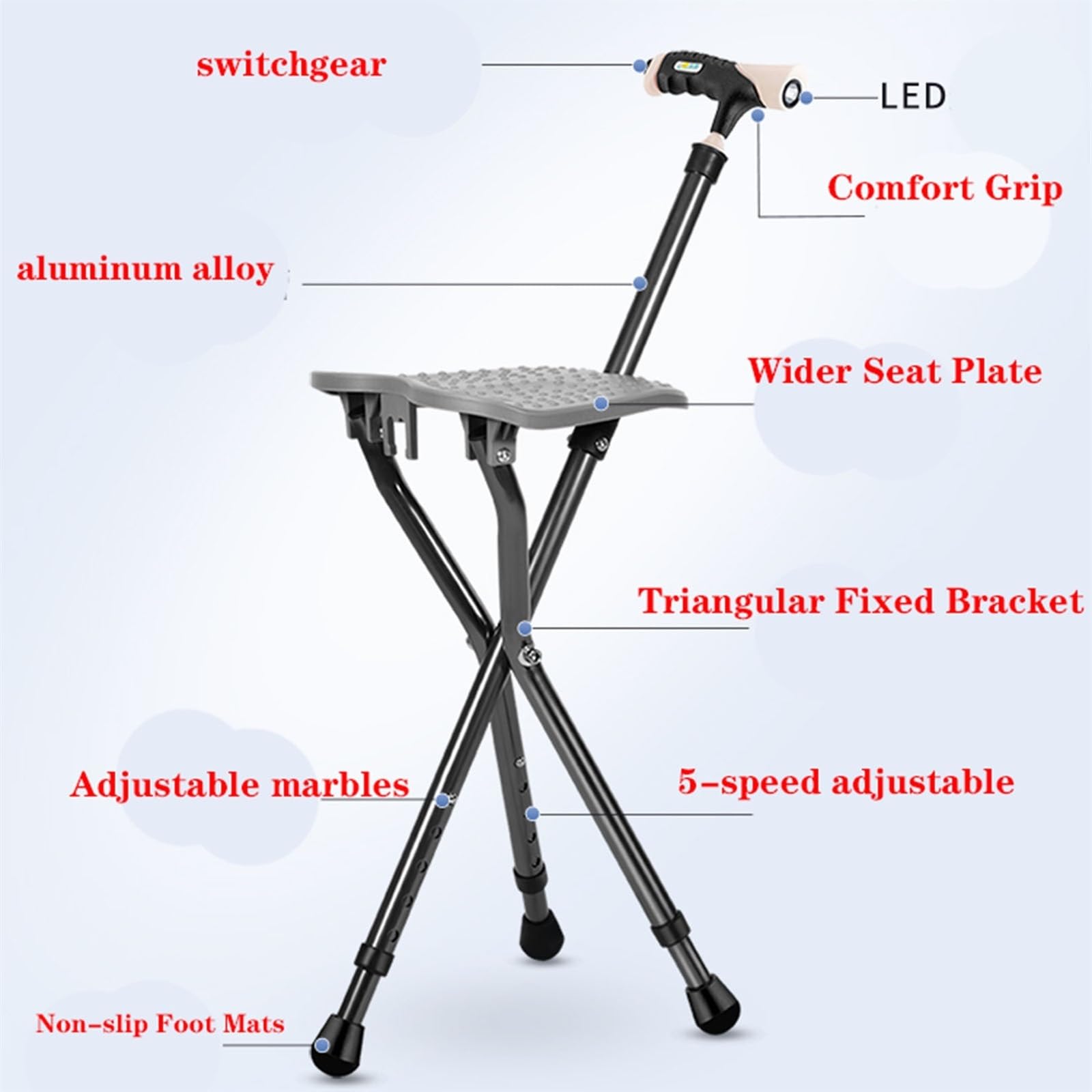 Taburete de bastón Plegable para Mujeres y Hombres, bastón para Caminar, aleación de Aluminio, portátil, liviano, Adecuado para Personas Mayores, bastón para discapacitados