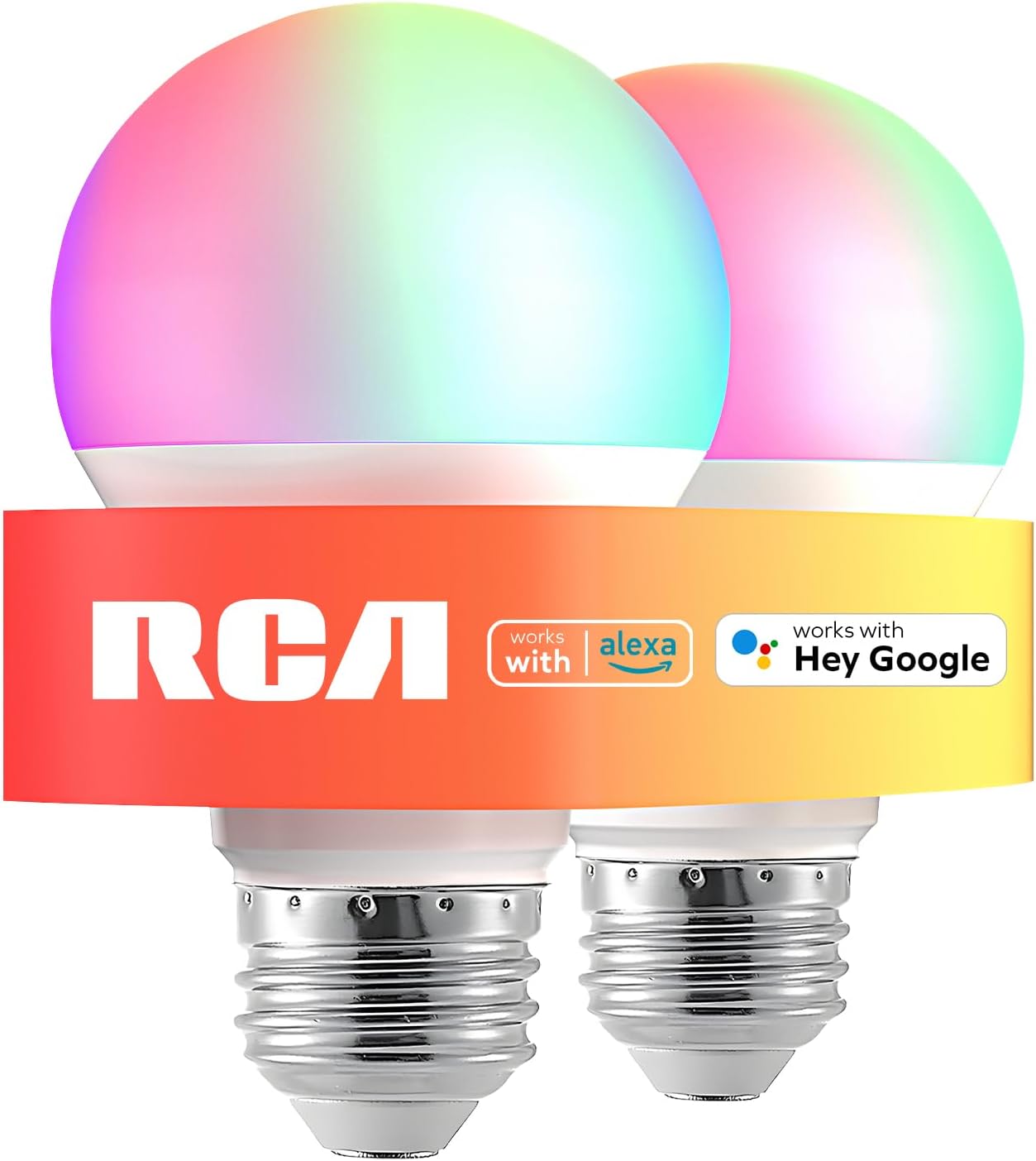 RCA Smart Light Bulbs, Multicolor LED, WiFi, Dimmable Color Changing Light Bulb, 800 Lumens 10W, Alexa & Google Home Compatible, 60W EQ A19 RGB Light, 2.4GHz only, No Hub Req, 2-PK