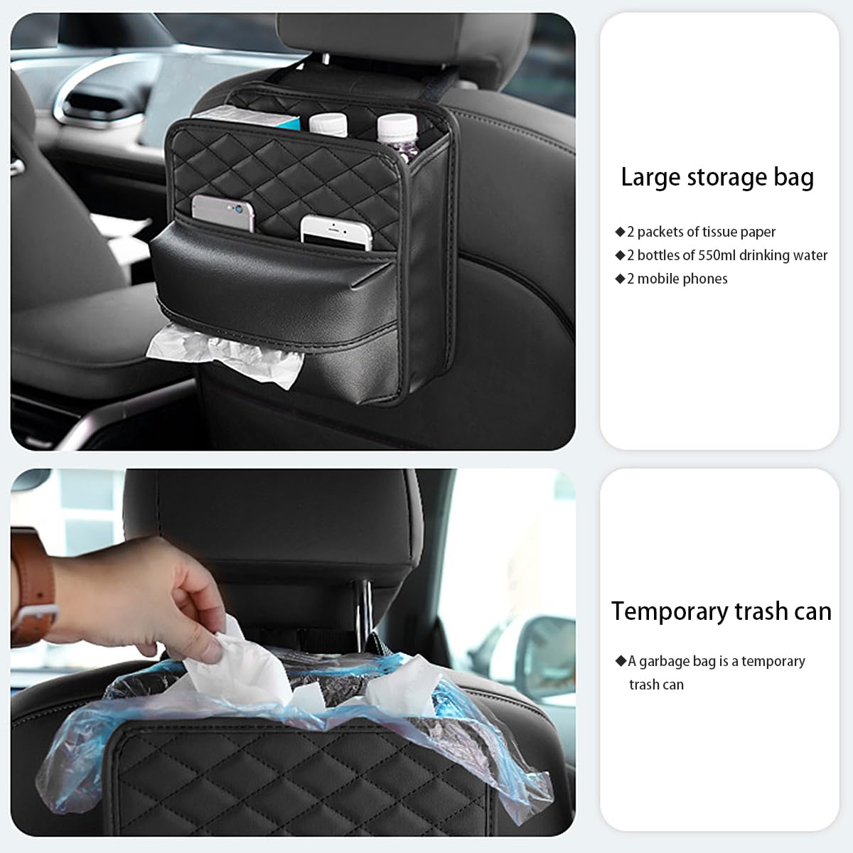 RAKSONIC 2 Pack Car Seat Back Hanging Bag,Storage Bag For Cups,Paper Towels,and Small Items,Premium Waterproof PU Leather Car Seat Back Organizers,Seat Hanging Bag Universal For Car(2 Pcs Black2