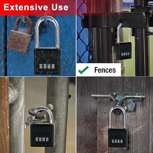 Miniatura 6 de ABRAFOX - Candado de combinación de 4 dígitos de alta resistencia con grillete largo, color negro, paquete de 2