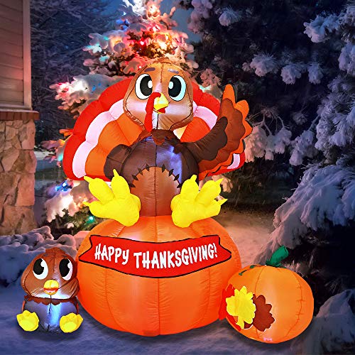 Joiedomi 6 ft Thanksgiving Inflatable Turkey on Pumpkin; LED Light Up Blow Up Turkey for Autumn Thanksgiving Decorations and Fall Family Party Favor Supply DÃ©cor.
