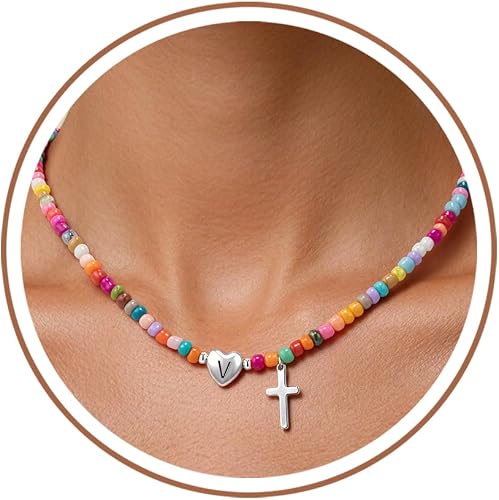 Laeclily Colorful Initial Necklaces for Women Beaded Choker Necklace for Girl Cr