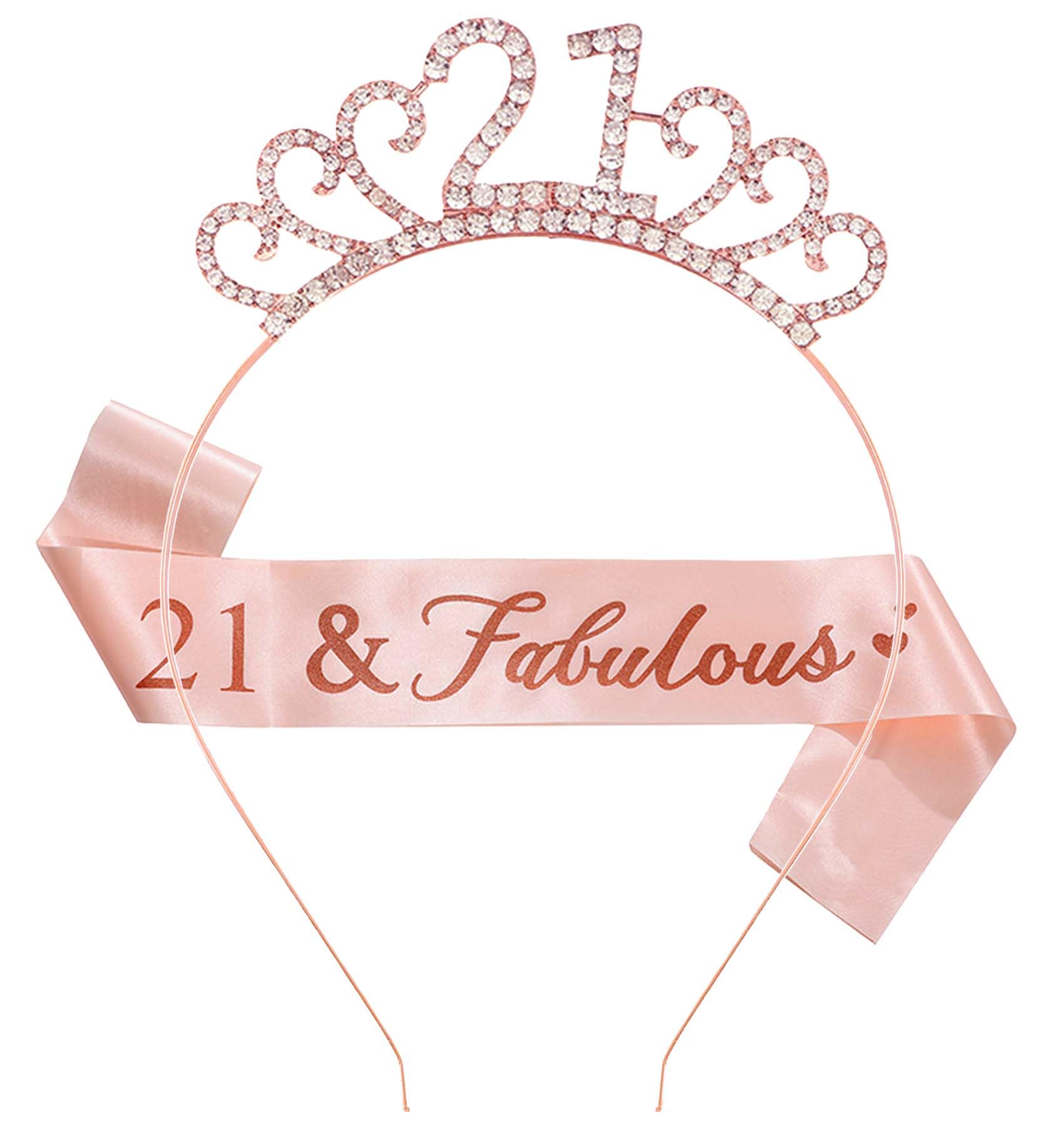 WeveriColle 21st Birthday Sash Crystal Tiara Crown for Girls 21st Birthday Decoration- 21st Birthday Gift for Her & Party Accessory Rose Gold