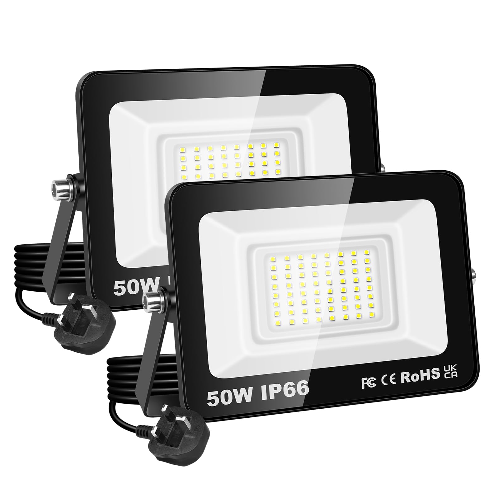 RIGIDON Led Outdoor Floodlight, 2X 50W 5000LM Flood Lights with Plug, Mains Powered Security Lighting