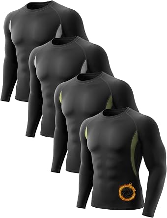 Pack of 4 Men's Thermal Underwear Tops Thermal Shirt Long Sleeve Ski Underwear Breathable Functional Underwear for Running Fitness Gym
