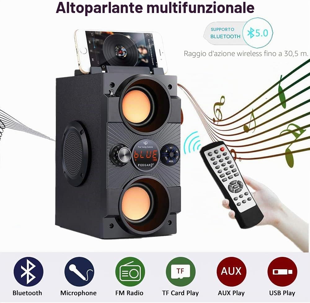 Feegar Dance Altoparlante Bluetooth Portatile Senza Fili 30m Doppio Subwoofer Stereo Ricco Supporta Radio FM Lettore MP3 AUX EQ 30W Boombox