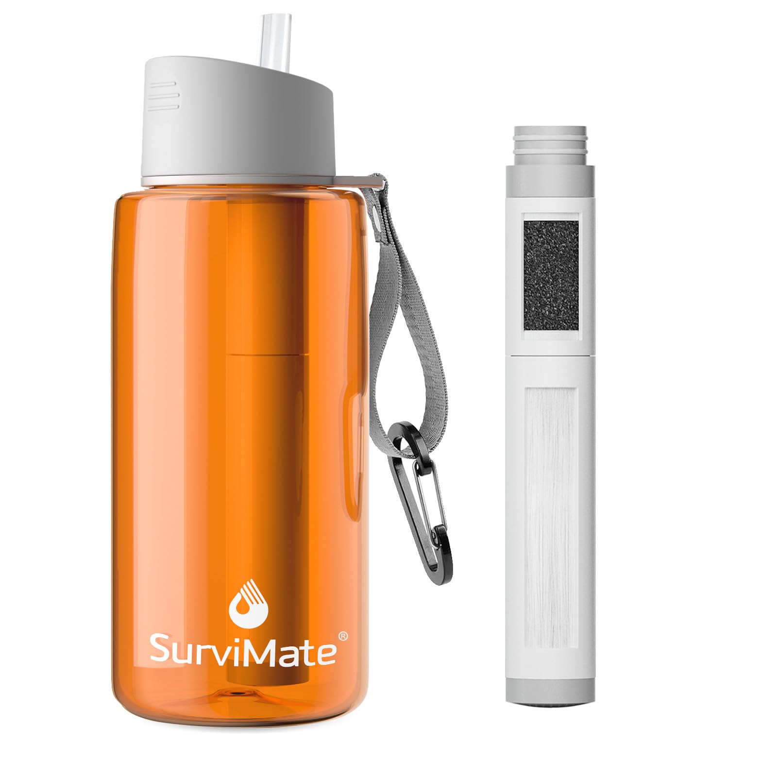 SurviMate 5-Stage 0.01ฮผm Ultra-Filtration Filtered Water Bottle, BPA-Free Material, NSF/ANSI 42&372 Certified, Portable Water Filter Bottle for Survival, Camping, Hiking, and Emergency Use