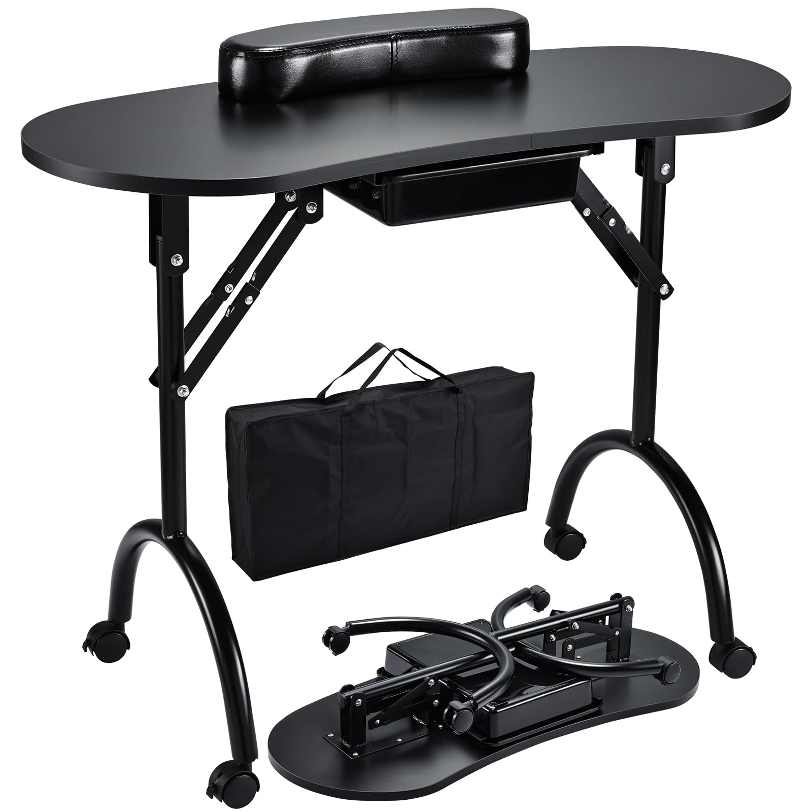 joligrace professional foldable & portable manicure table nail technician desk workstation with rolling wheels large drawer client wrist pad free carrying bag travel nail tech spa beauty table, black