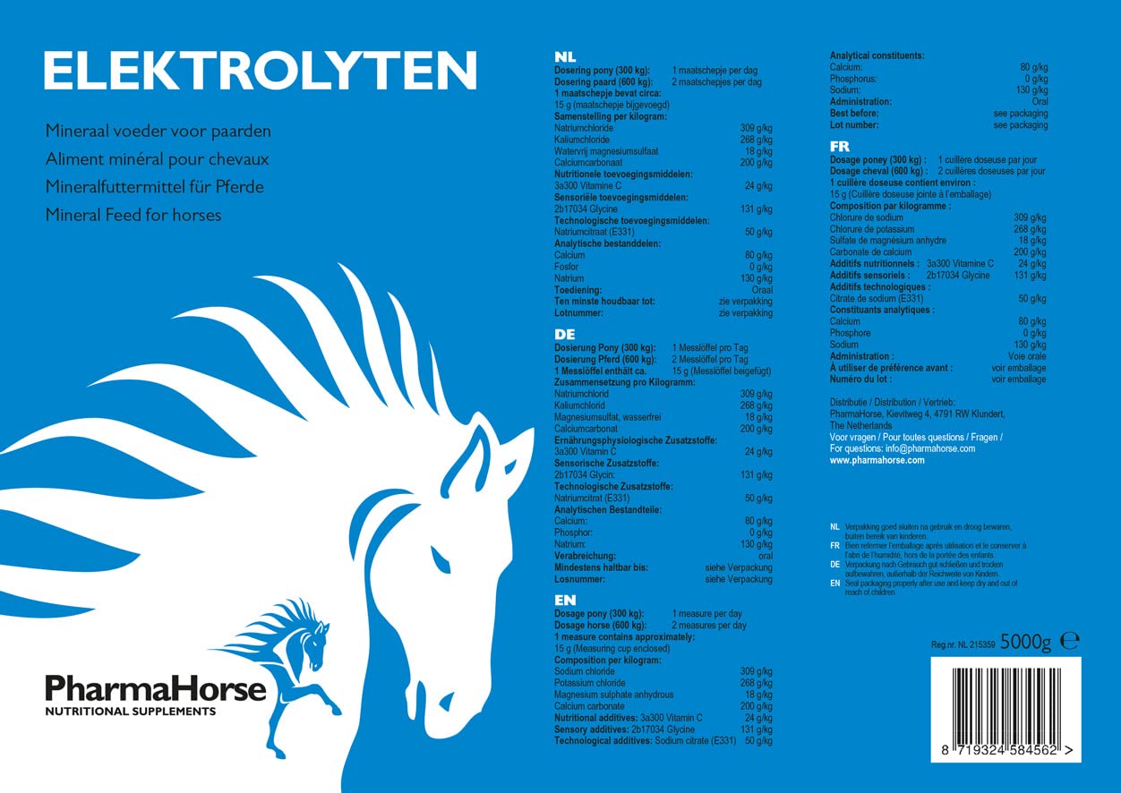 PharmaHorse Électrolytes Cheval | Bonne hydratation| Sels minéraux pour Cheval | Le Fonction Musculaire & nerveuse | Human Grade Quality | 5000 grammes