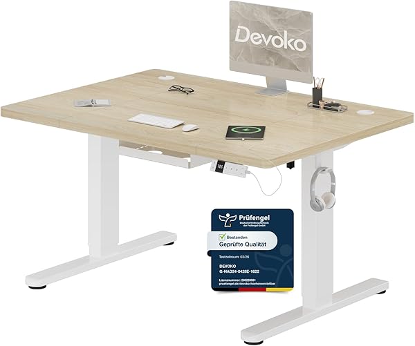 Devoko Höhenverstellbarer Schreibtisch 120x80cm mit Typ-C Ladeanschluss, Schreibtisch Höhenverstellbar Elektrisch, Mobiler Elektrisch Computertisch mit Kabel Management Tray, Eiche