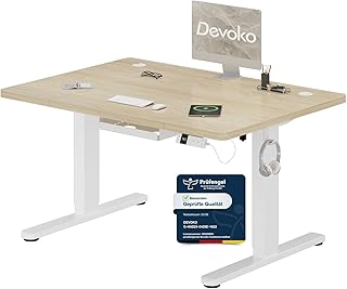 Devoko Höhenverstellbarer Schreibtisch 120x80cm mit Typ-C Ladeanschluss, Schreibtisch Höhenverstellbar Elektrisch, Mobiler Elektrisch Computertisch mit Kabel Management Tray, Eiche