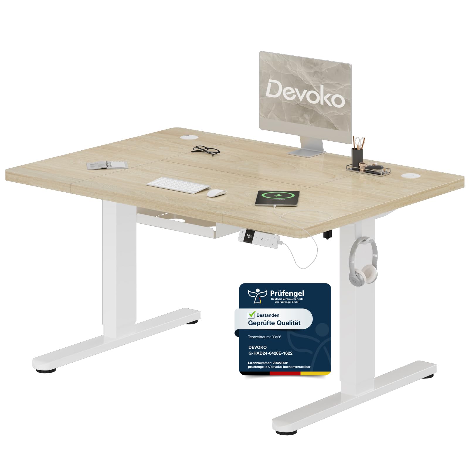 Devoko Höhenverstellbarer Schreibtisch 120x80cm mit Typ-C Ladeanschluss, Schreibtisch Höhenverstellbar Elektrisch, Mobiler Elektrisch Computertisch mit Kabel Management Tray, Eiche