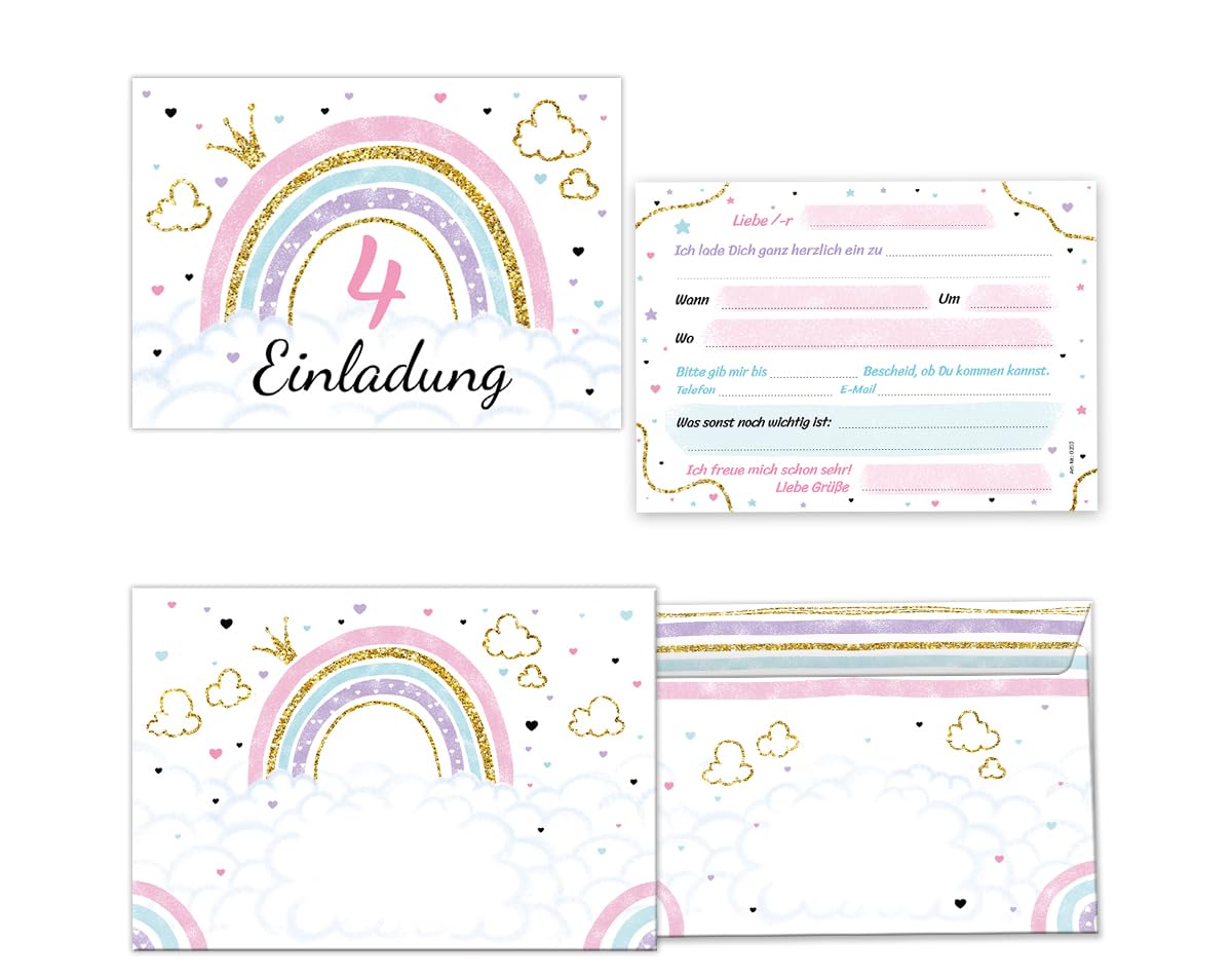 Minkocards 12 Einladungskarten incl. 12 Umschläge zum 4. Kindergeburtstag Mädchen Regenbogen Einladung vierte Geburtstag Mädchengeburtstag Geburtstagseinladungen