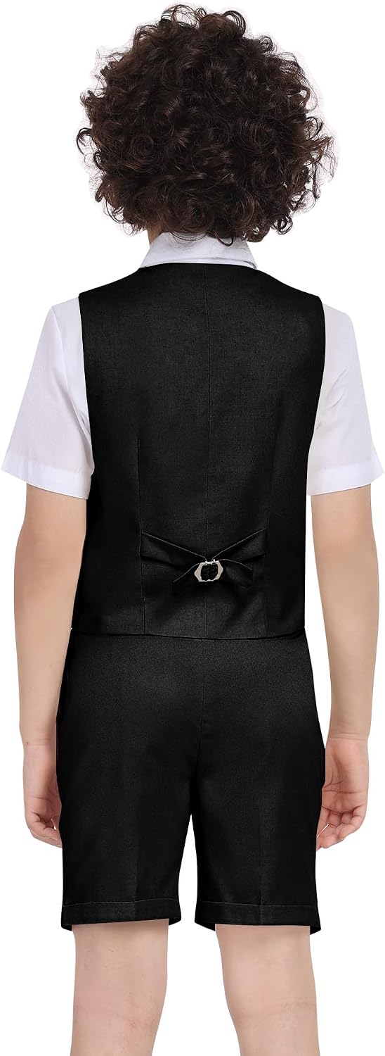Boys Linen Suit Summer Shorts Black Suits for Little Boys Slim Fit Kids Suit Size 8 Vest Shorts Shirt Set Wedding Dresswear