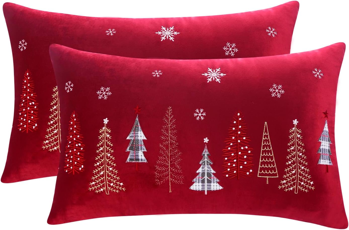 Tosleo Christmas Embroidery Throw Pillow Covers 16 x 26 inch Set of 2 Xmas Tree with Snowflakes Decor Pillowcases Red Christmas Velvet Cushion Pillow Cases Soft Lumbar Holiday Pillowcase