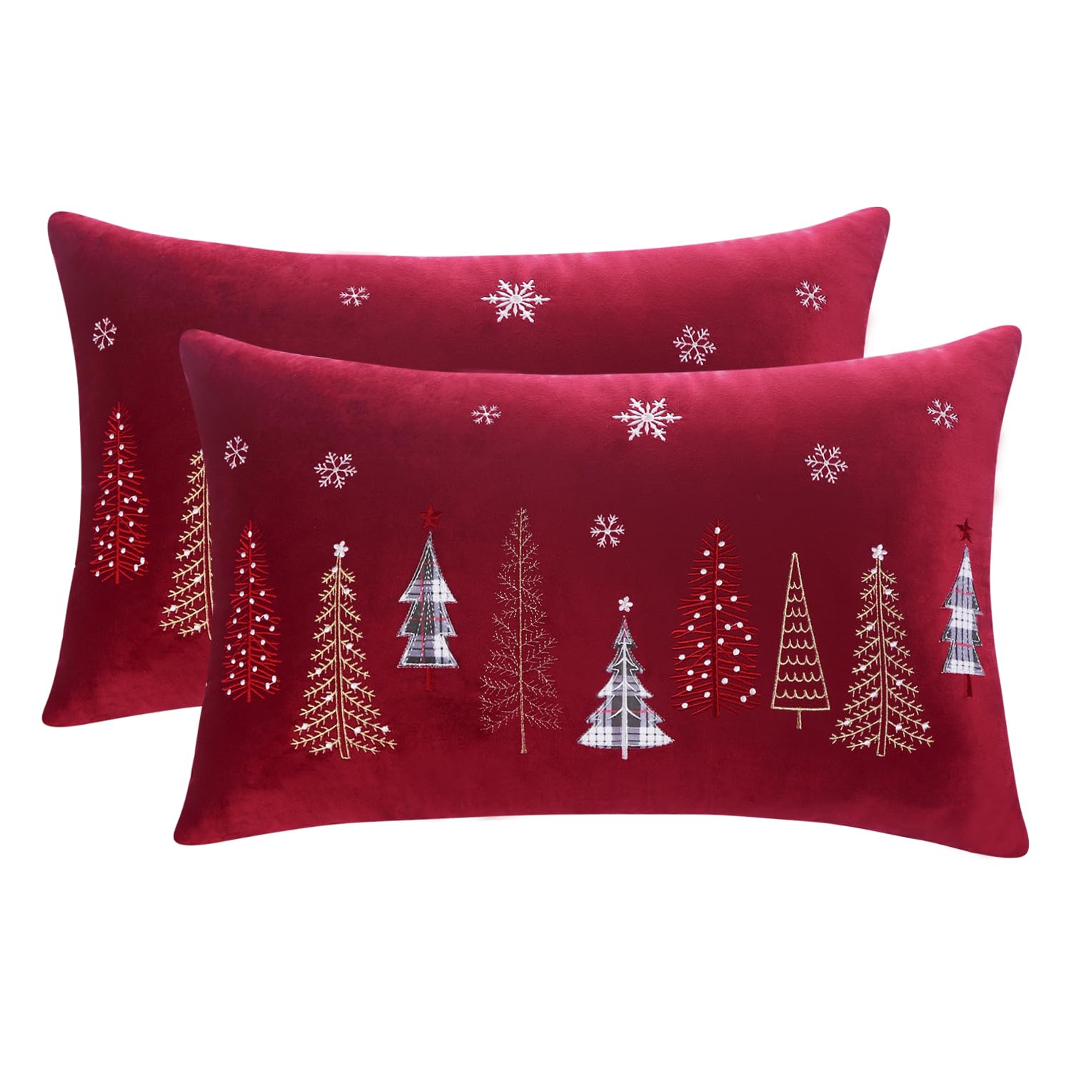 Tosleo - Juego de 2 Fundas de cojín (Terciopelo, 40 x 66 cm, Funda de Almohada, Color Rojo y Alegre Xmas, Muchos árboles de Navidad, decoración de Invierno, para sofá, Cama, Silla, salón o casa