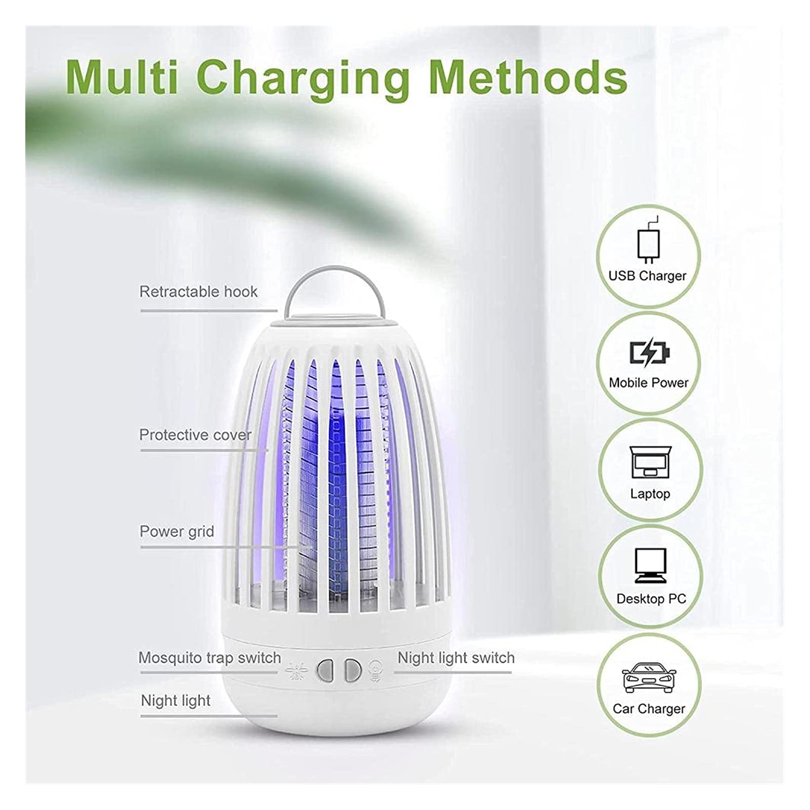 Lámpara portátil para Matar Mosquitos, exterminador de Insectos, Repelente de Moscas eléctrico con luz Nocturna, trampas para Control de plagas para Repelente de Insectos en Interiores y Exteriores