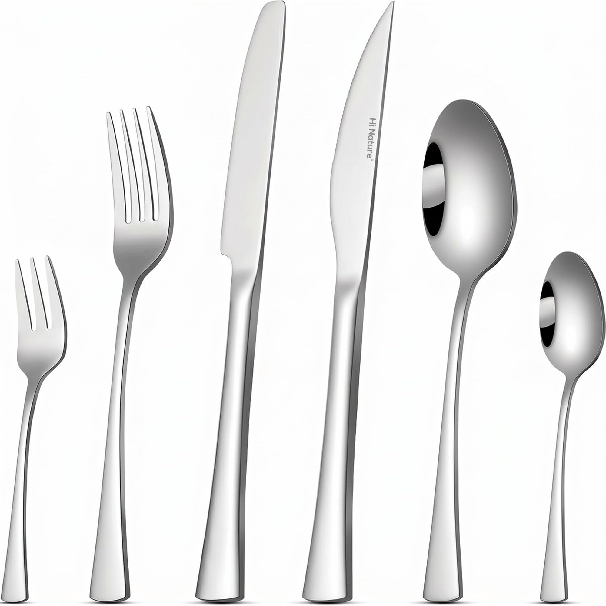 HI NATURE™ Juego de cubertería para 6 personas, 36 piezas, con cuchillo de carne, acero inoxidable 18/0, acabado brillante, incluye cuchillo, tenedor, cuchara y tenedor para tartas, apto para