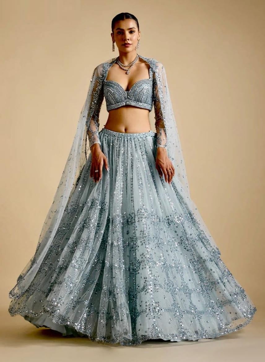 Hochzeitskleidung Lehenga Netz mit Sequenzarbeit Lehenga Choli Set 15851