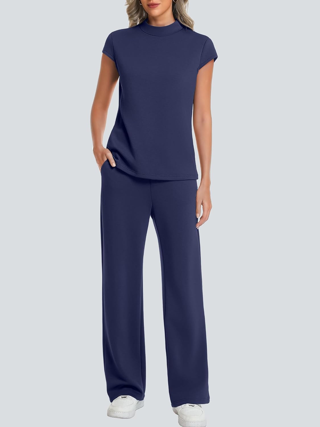 Casly Lamiit Two Piece Sets for Women 2026 Summer Travel Outfits Mock Neck Cap Sleeve Tops Lounge Set Wide Leg Pants - Image 3