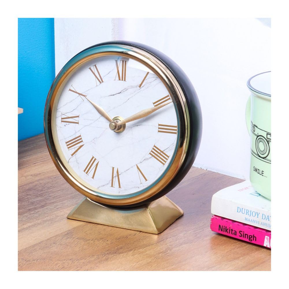 Decor de Maison Metal Brings Handcrafted Table Clock For Kidsroom, Bedroom, Study Table, Office Desk|Classic Non-Ticking Tabletop Battery Operated Analog Desk Clock In Gold & Black (6.5 Inch Height)-picture-10