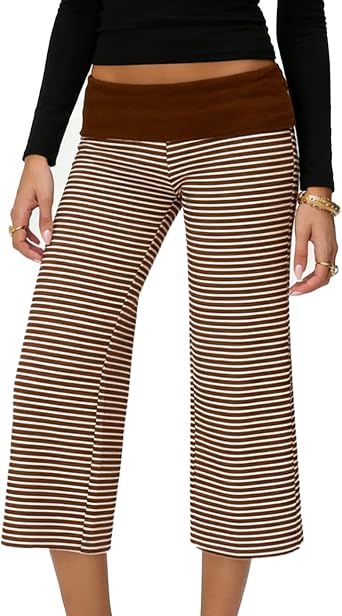 Awoscut Women Low Rise Gaucho Pants Wide Leg Fold Over Capris Pants Flowy Flare Summer Palazzo Bottoms Streetwear