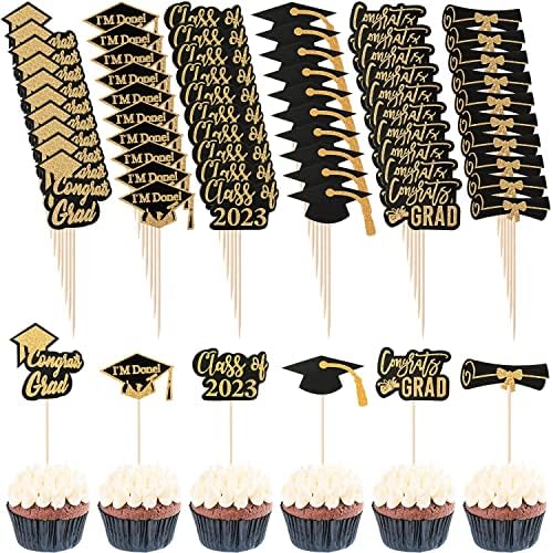 60 Pcs Graduation Cupcake Toppers Class of 2023 Cupcake Picks Glitter Cake Cupcake Topper Decoration for Graduation Party Decoration Supplies