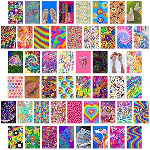 Funiee 50 Pieces Indie Room Decor for Bedroom,50 Set 4x6 inch,Neon Posters for Room Aesthetic, Dorm Photo Wall Decor for Teen Girls and Boys Cover