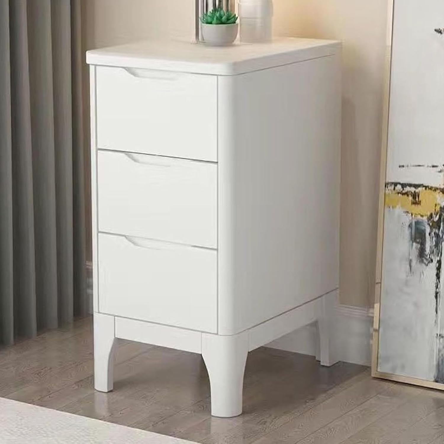 3つの引き出し付きホワイトナイトスタンド、寝室とリビングルーム用の狭いベッドサイドテーブル、コンパクトなベッドエンドキャビネット、モ