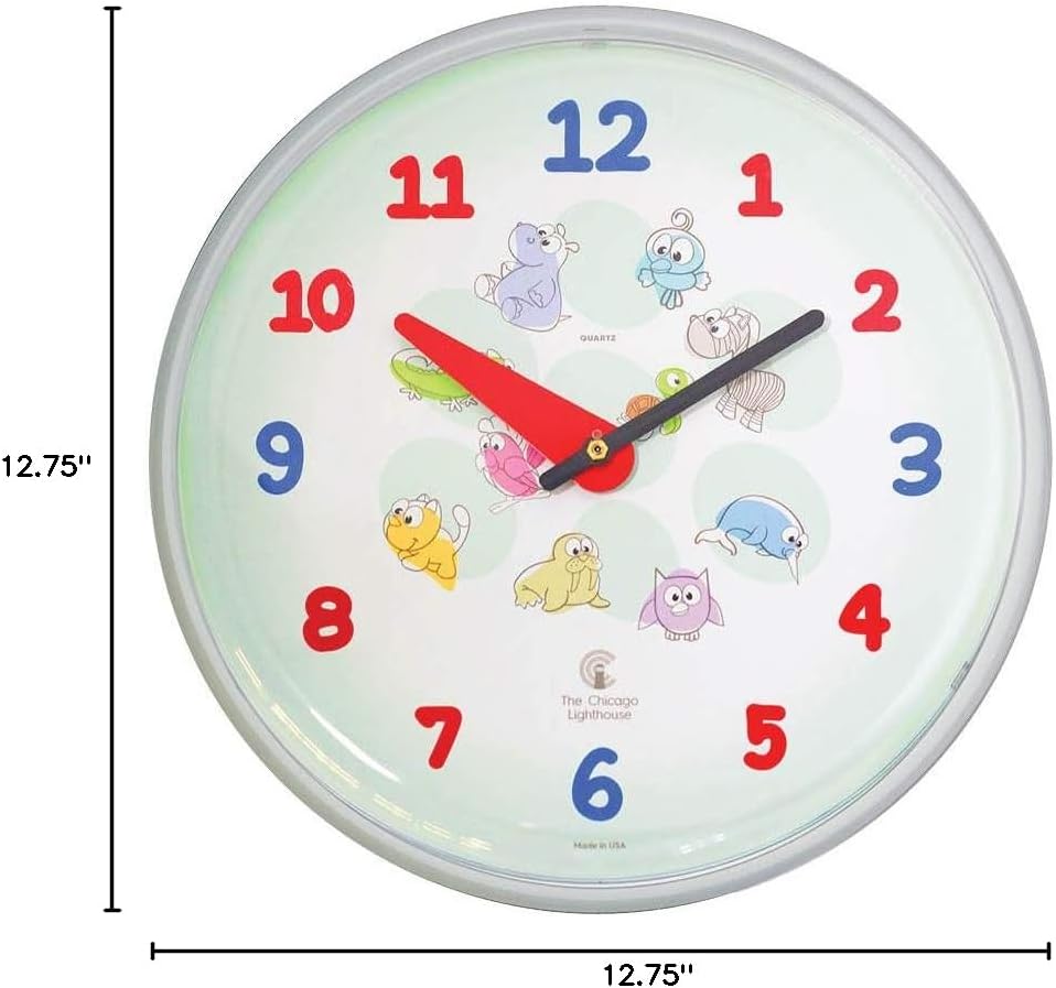 THE CHICAGO LIGHTHOUSE Cartoon Animals Childrens Wall Clock, 12.75 inch, Shadow Purple