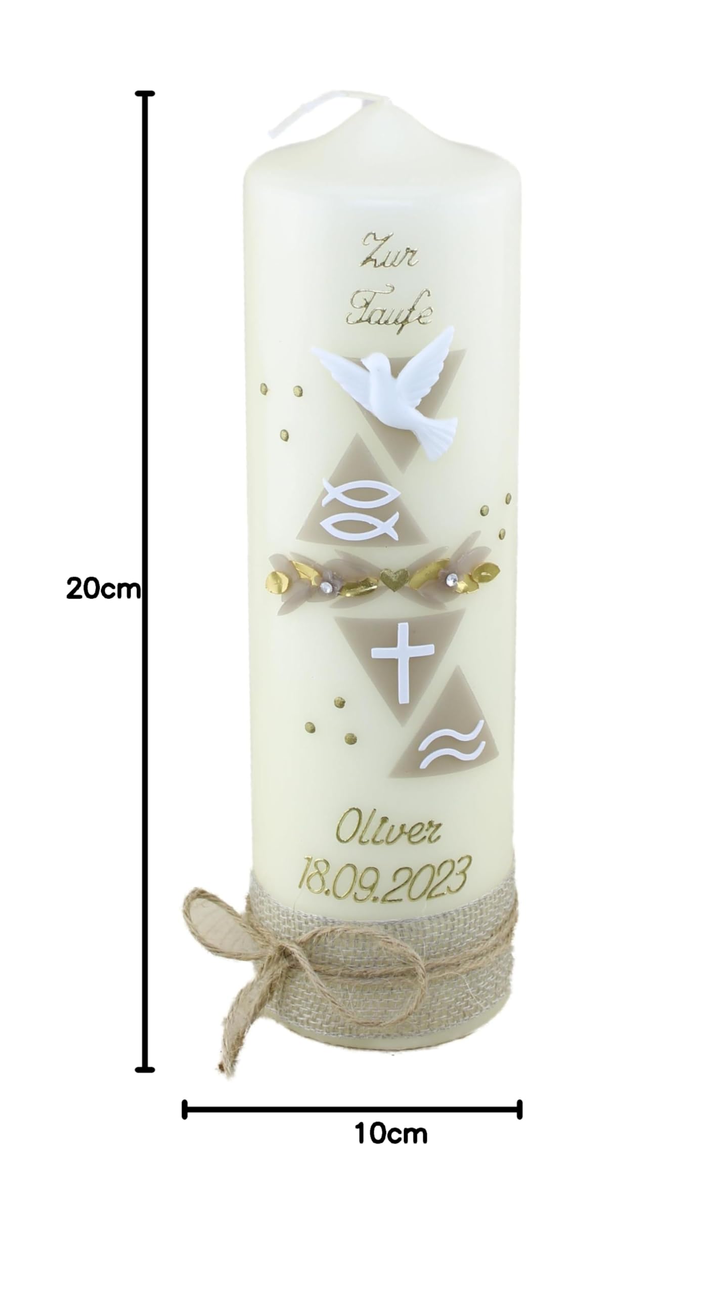 Taufkerze OLIVER Junge oder Mädchen mit Name und Datum, individuell und handverziert 2160