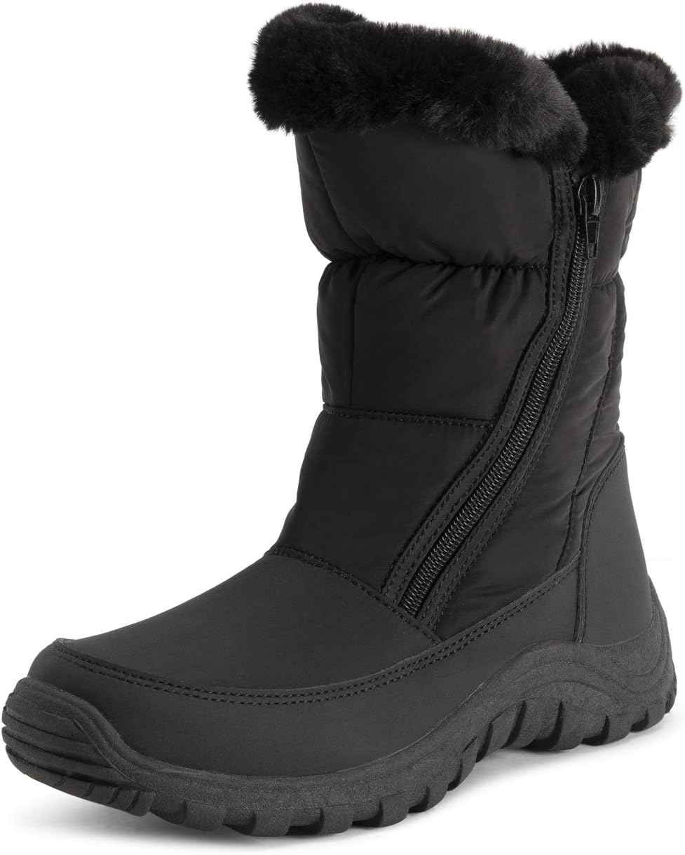 Womens Memory Foam Twin Zip Opening Pull On Nylon Waterproof Thick Faux Fur Lined Winter Rain Snow Boots