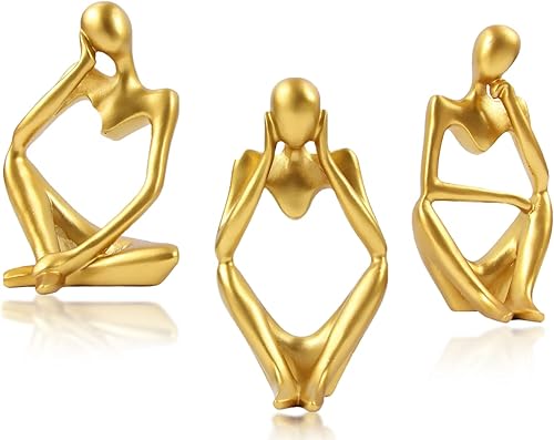 Decoración dorada para el hogar, 3 piezas, estatua de pensador sentado, escultura abstracta de resina, estantería de decoración moderna para el