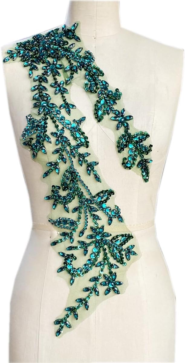 PLune Handmade Shining Acrylic Rhinestones on lace Applique Sewing Beads Stones Trim Patches Accessories for Wedding Dress (Deepgreen Right)