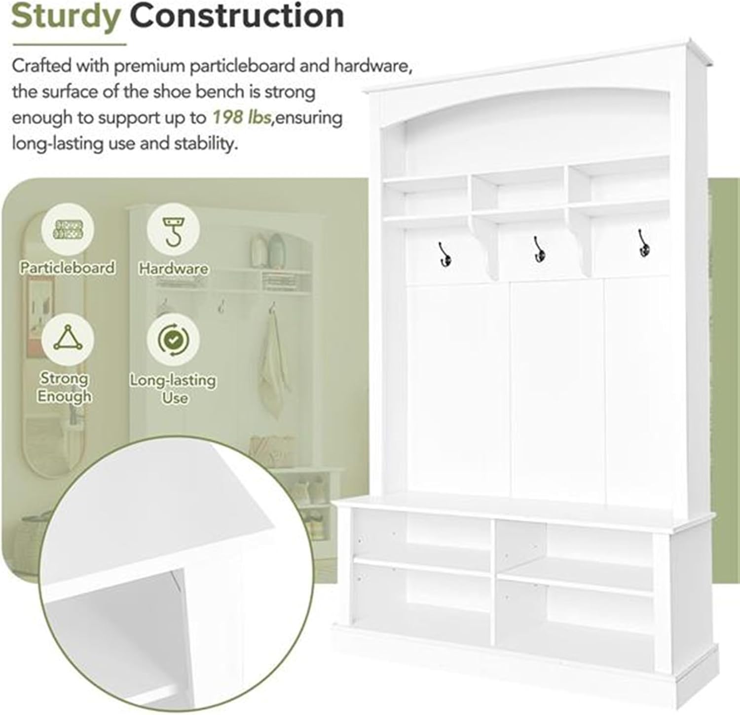 47.2 Inch Wide Band Bench and Shoe Rack, Multifunctional Storage Bench Shoe Bench with 3 Hooks and Open Storage, Rectangular Storage Racks and Shelves for Hallway Entry, White